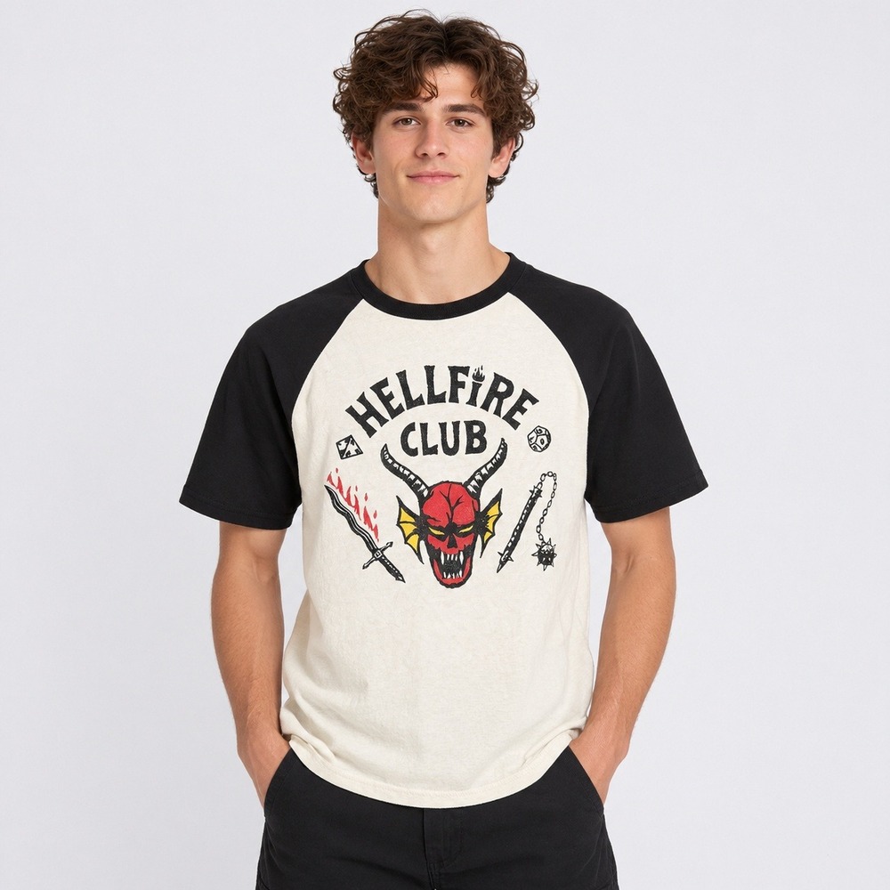 Stranger Things Hellfire Club Raglan T-Shirt Mens Medium Black White Netflix